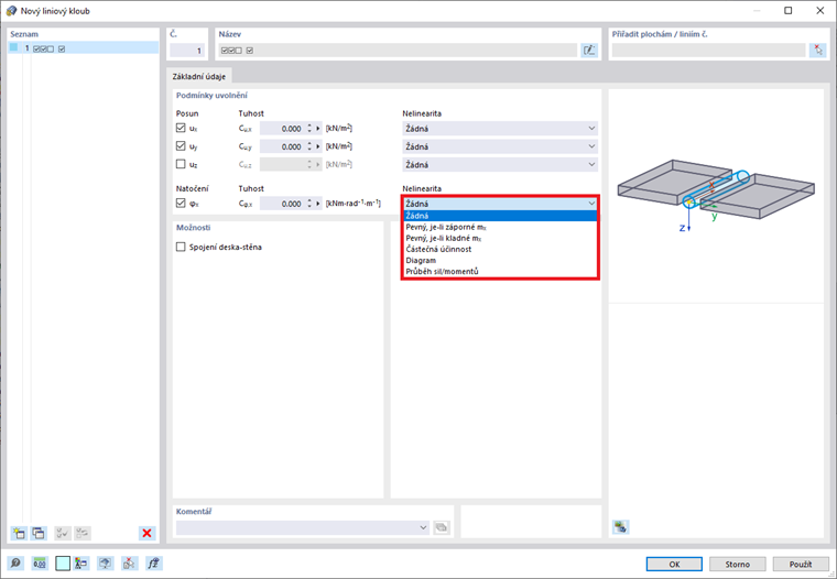Dostupné možnosti v seznamu nelinearit