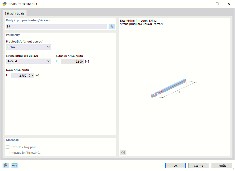 Dialog 'Prodloužit/Oříznout prut'