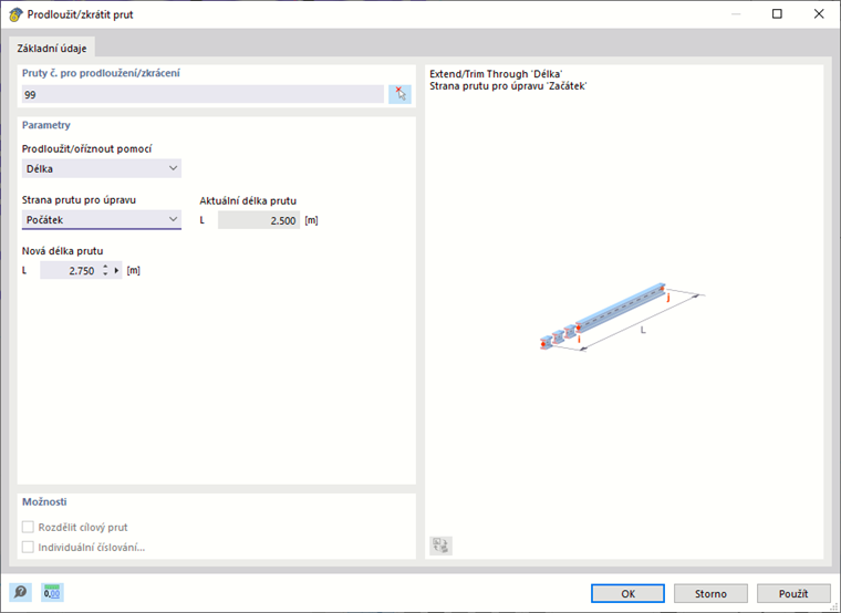 Dialog 'Prodloužit/Oříznout prut'
