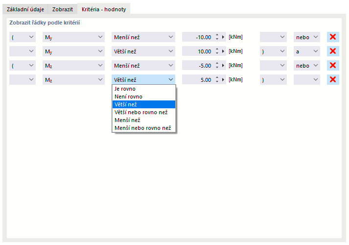 Definice filtrovacích kritérií pro výsledné hodnoty