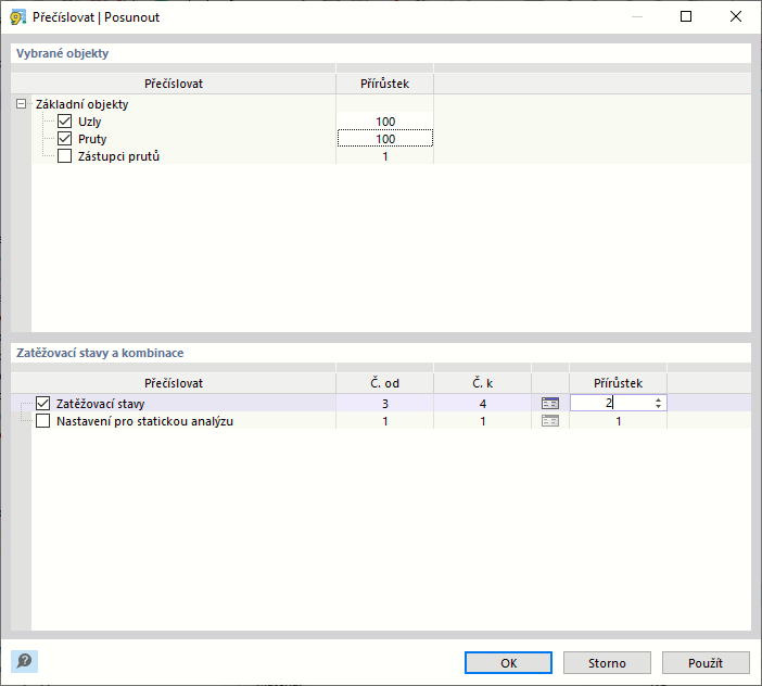Posun čísel objektů a zatěžovacích stavů
