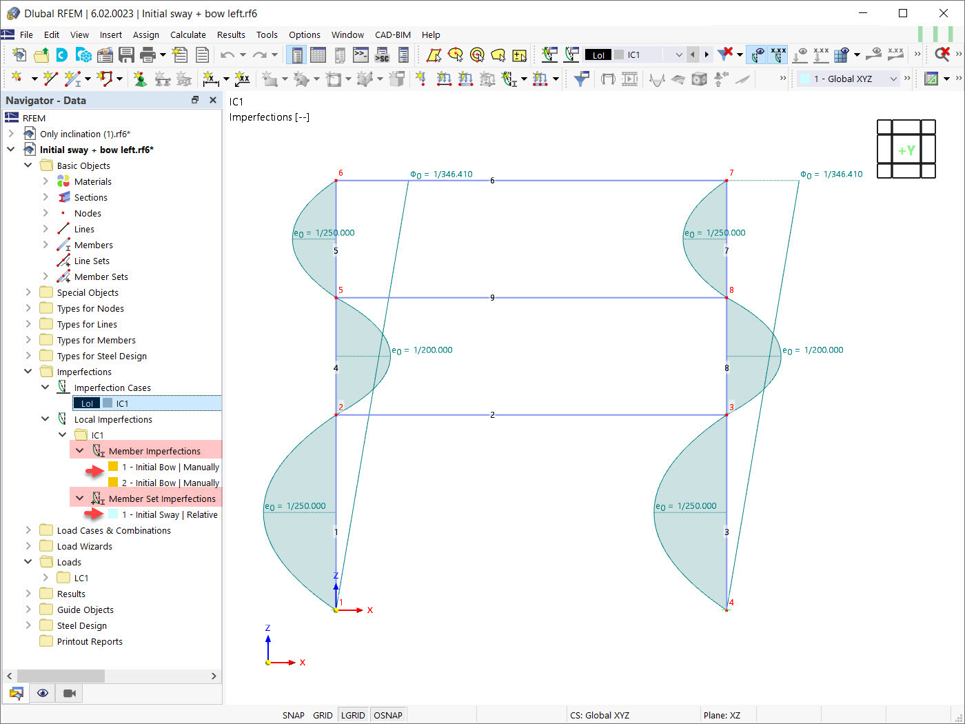 Globální počáteční naklopení (φ) a počáteční prohnutí (+e)