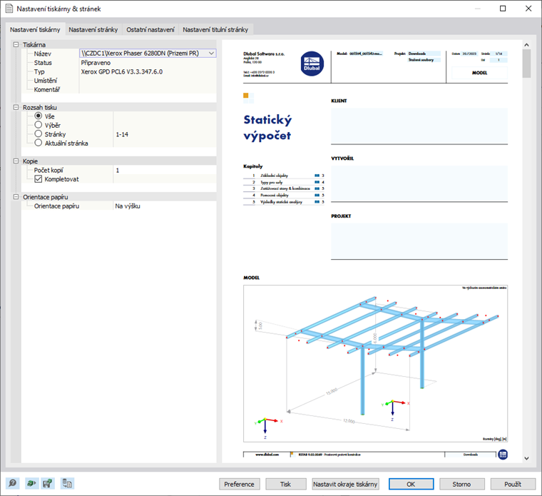 Dialog "Nastavení tiskárny a stránek"