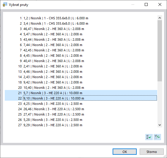 Výběr prutů v dialogu
