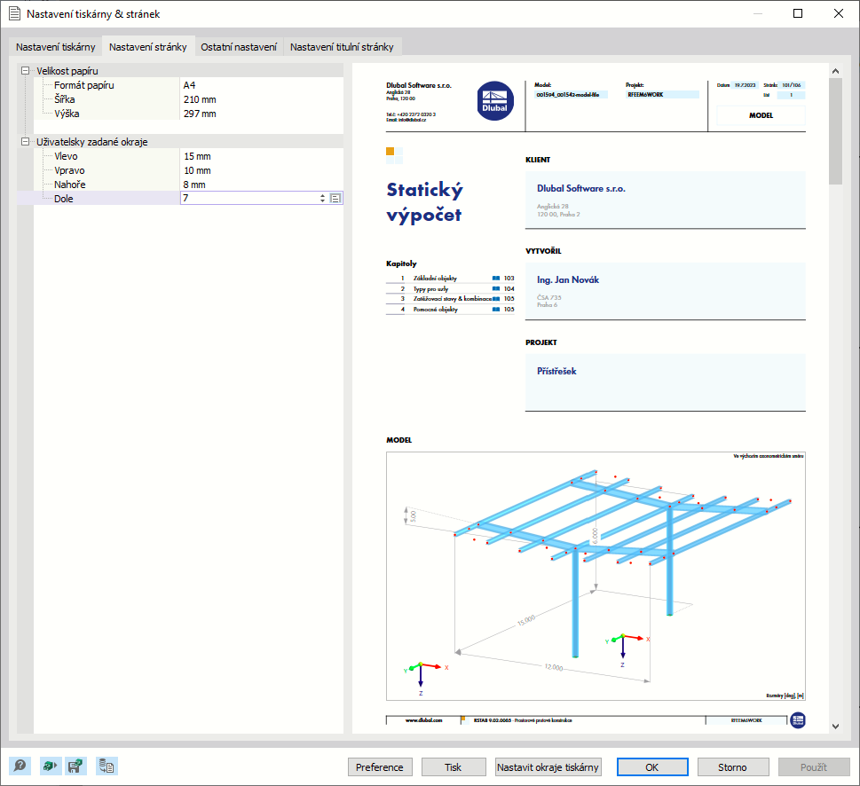 Záložka "Vzhled stránky" v dialogu "Nastavení tiskárny a stránky"