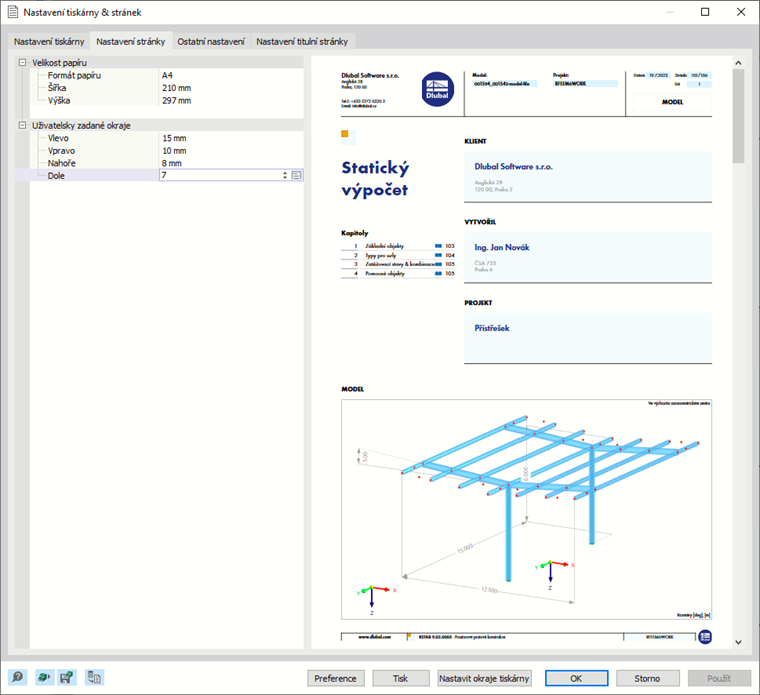 Záložka "Vzhled stránky" v dialogu "Nastavení tiskárny a stránky"