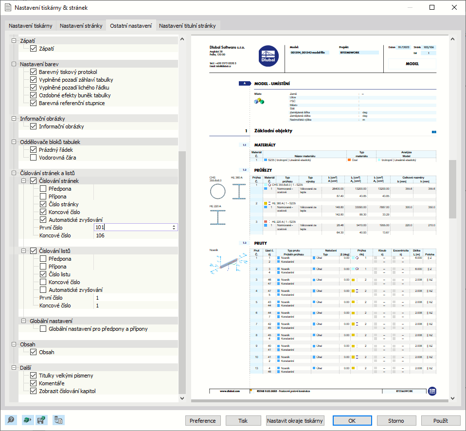Definování číslování stran a listů