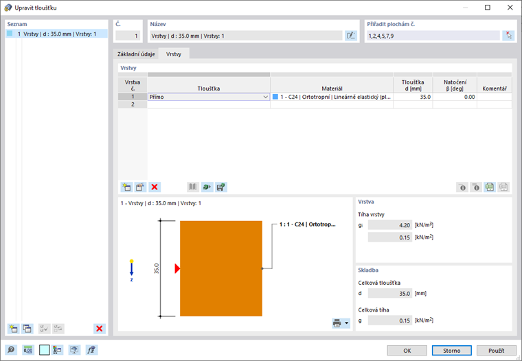 Materiál, tloušťka a úhel natočení první vrstvy