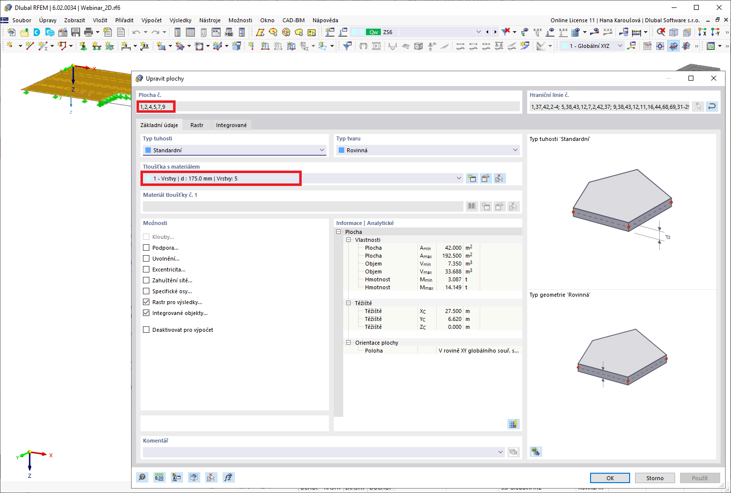 Přiřazení definované tloušťky plochám desky