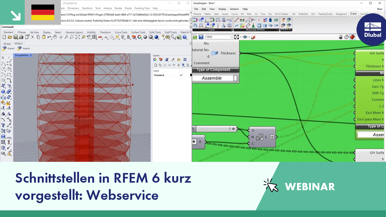 Präsentation der Schnittstellen Webservice und Rhino/Grasshopper im RFEM 6 Webinar.