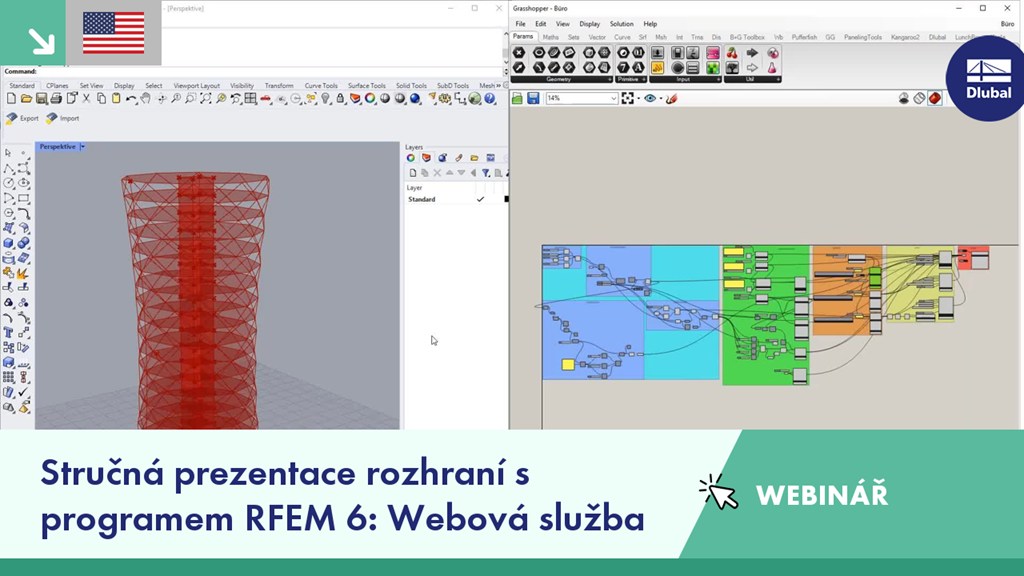 Interface presentation highlighting Webservice with Rhino and Grasshopper integration in an expert webinar session with visual aids.