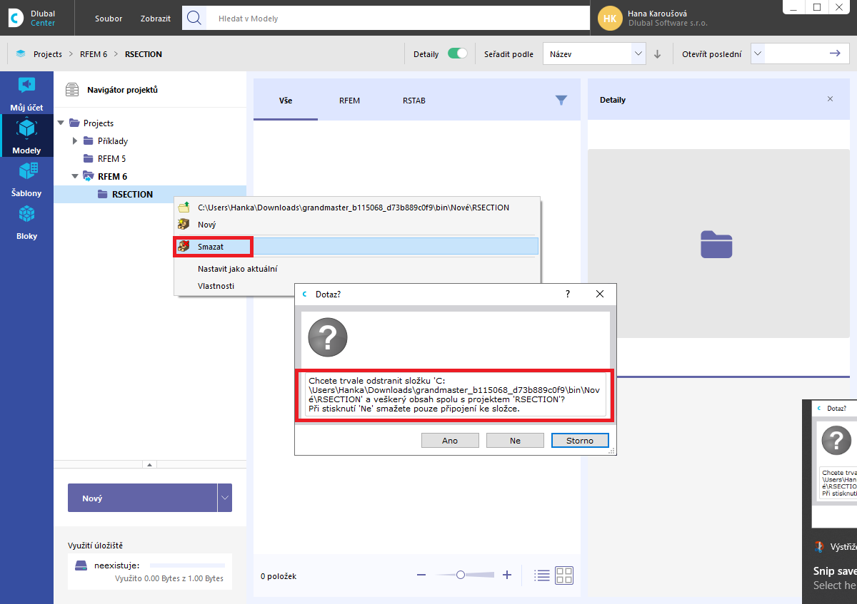 FAQ 005300 | Jak lze odstranit připojení ke složce projektu v Dlubal centru?