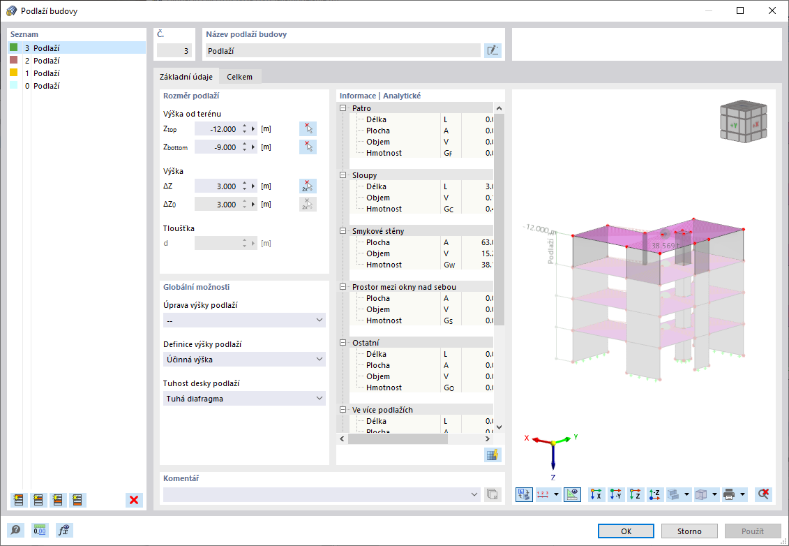 Podlaží budovy: Rozměr podlaží, Globální možnosti a informace