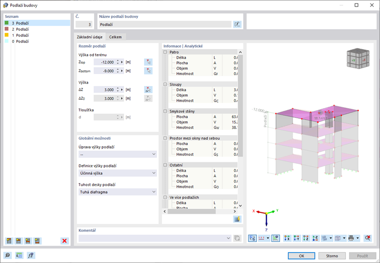 Podlaží budovy: Rozměr podlaží, Globální možnosti a informace