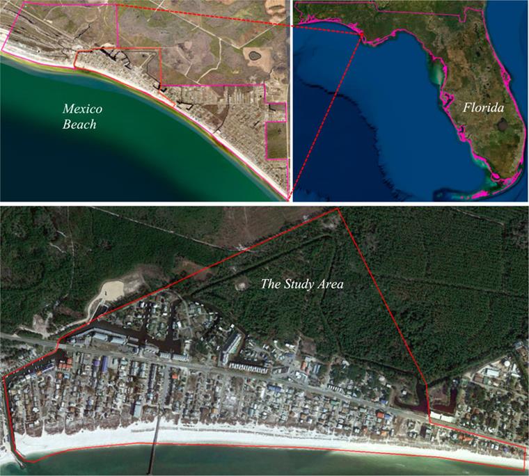 OBRÁZEK 8 Geografická poloha Mexico Beach vzhledem ke státu Florida s detailním pohledem na vybranou studijní oblast v rámci Mexico Beach, Florida.