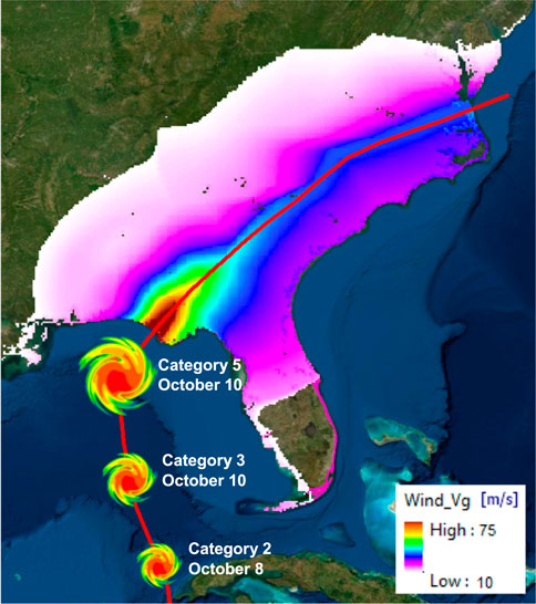 OBRÁZEK 9 Vývoj hurikánu Michael v Mexickém zálivu a jeho dopad na USA spolu s prostorovými změnami rychlosti větru na jihovýchodě USA.