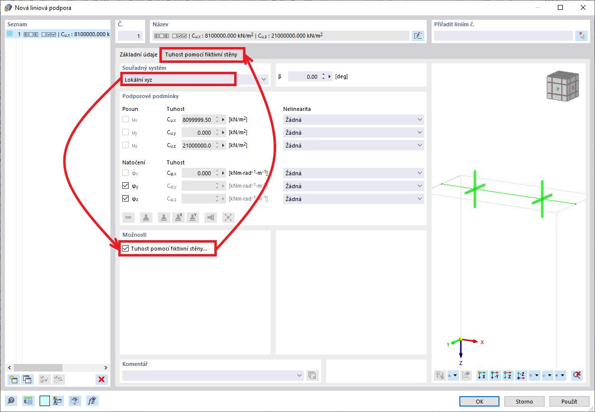 FAQ 005339 | Chtěl bych stanovit a zohlednit tuhost liniové podpory pomocí fiktivní stěny. Proč je tato možnost zašedlá?