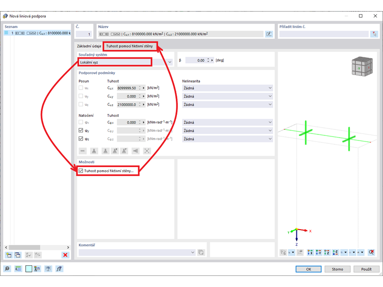 FAQ 005339 | Chtěl bych stanovit a zohlednit tuhost liniové podpory pomocí fiktivní stěny. Proč je tato možnost zašedlá?