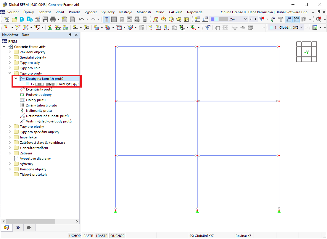 Klouby na konci prutů v programu RFEM 6