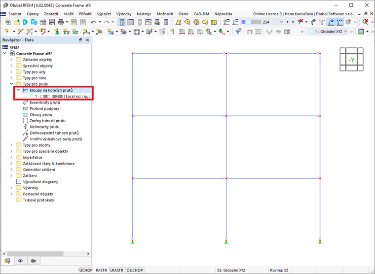 Klouby na konci prutů v programu RFEM 6
