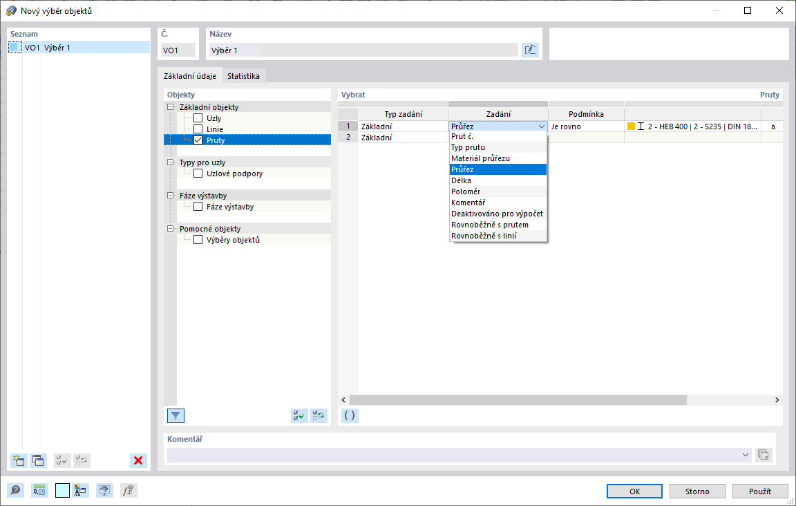 Dialog "Nový výběr objektů": Výběr 1