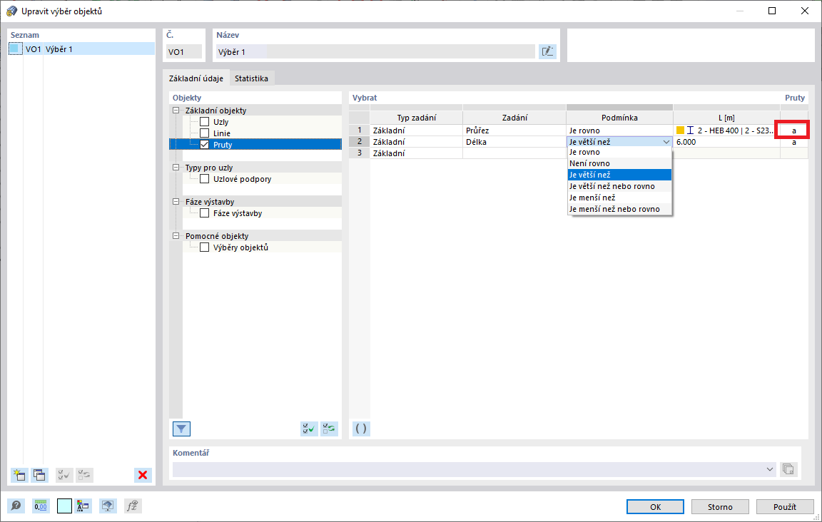 Dialog „Upravit výběr objektů“