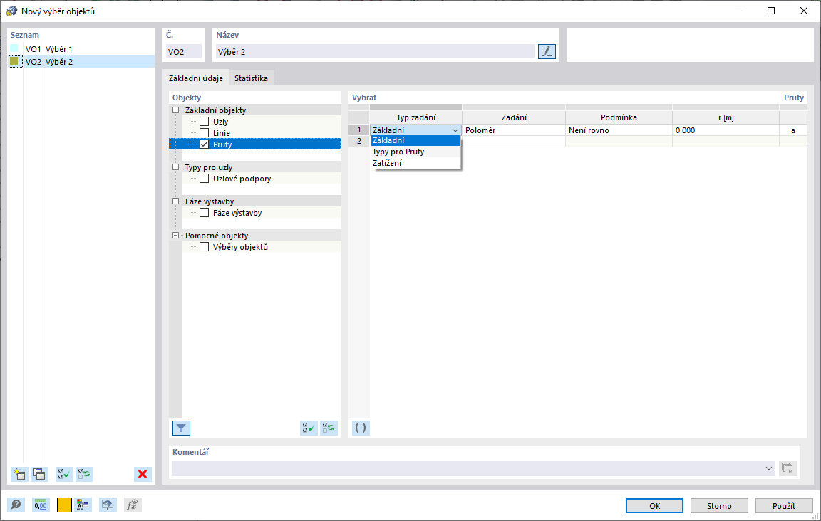 Dialog "Nový výběr objektů": Výběr 2