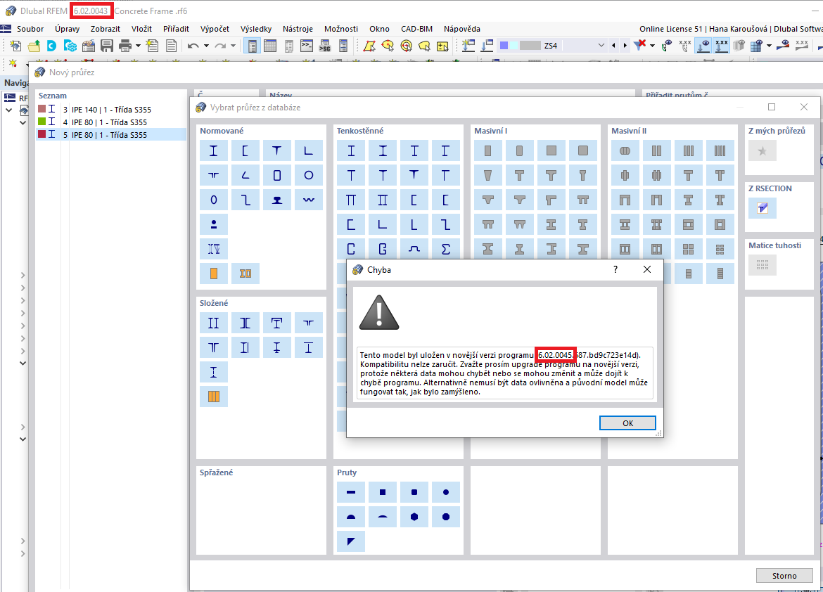FAQ 005344 | Při importu průřezu z RSECTION 1 se zobrazí chybové hlášení týkající se verze. Co mám udělat?