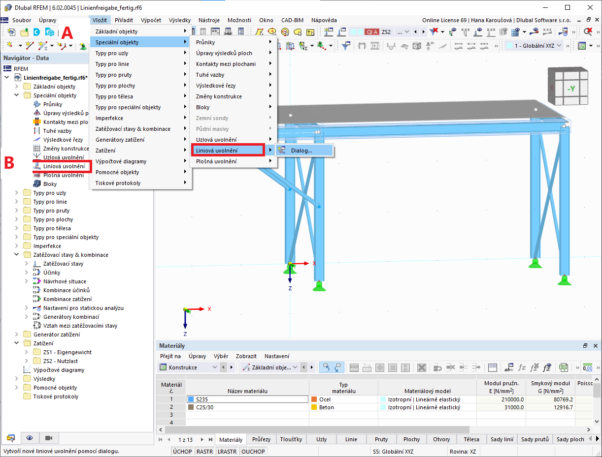 Liniová uvolnění v programu RFEM 6