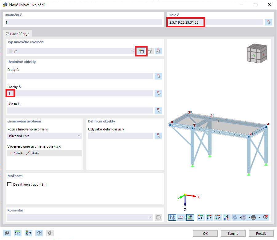 Dialog „Nové liniové uvolnění“