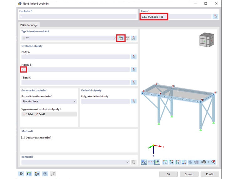 Dialog „Nové liniové uvolnění“