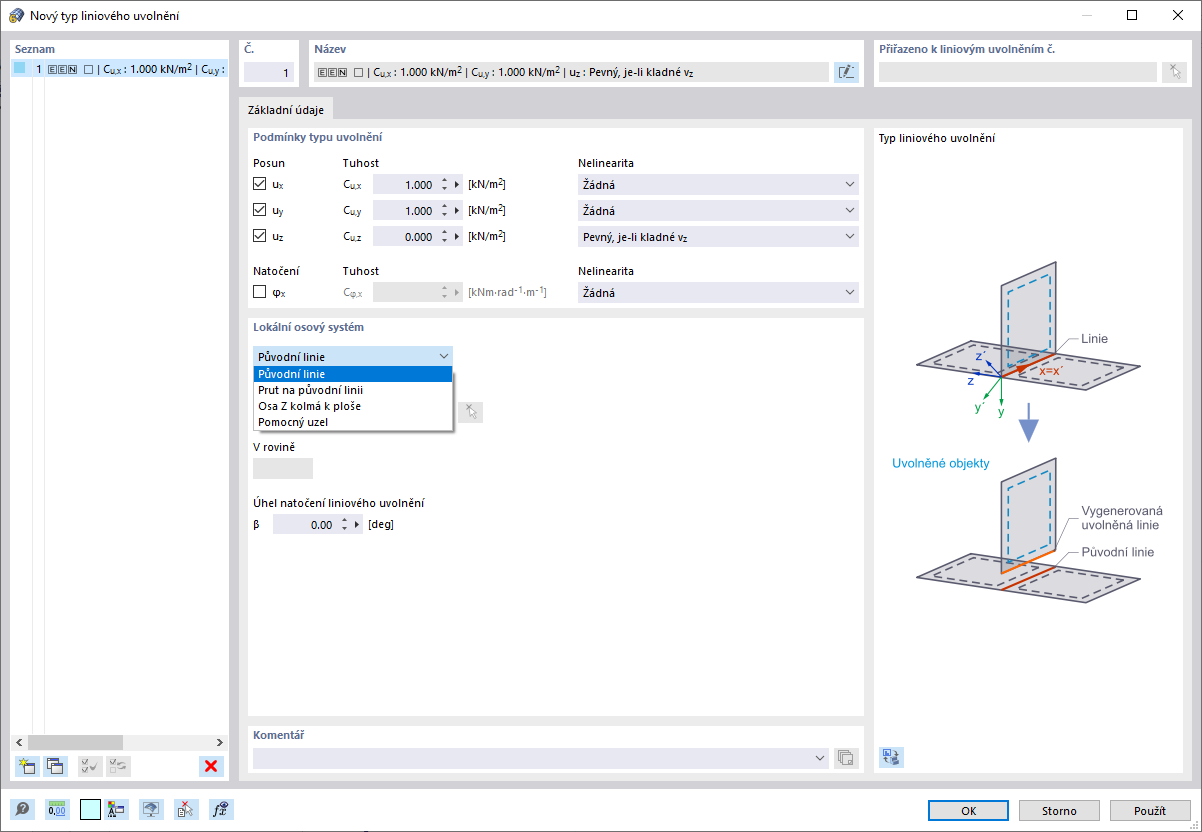 Dialog „Nový typ liniového uvolnění“