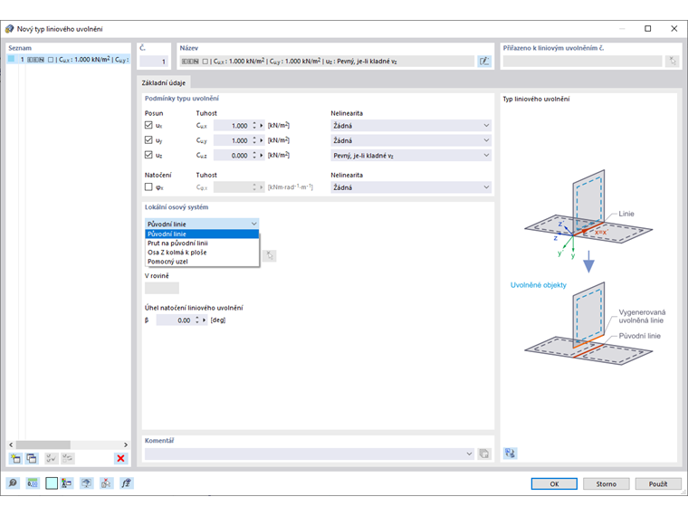 Dialog „Nový typ liniového uvolnění“