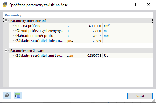 Spočítané parametry závislé na čase