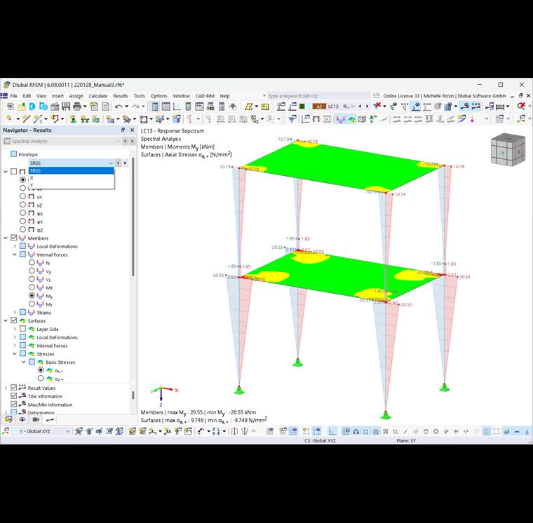 Výběr obálky nebo směru a zobrazení výsledků pro pruty, plochy a tělesa