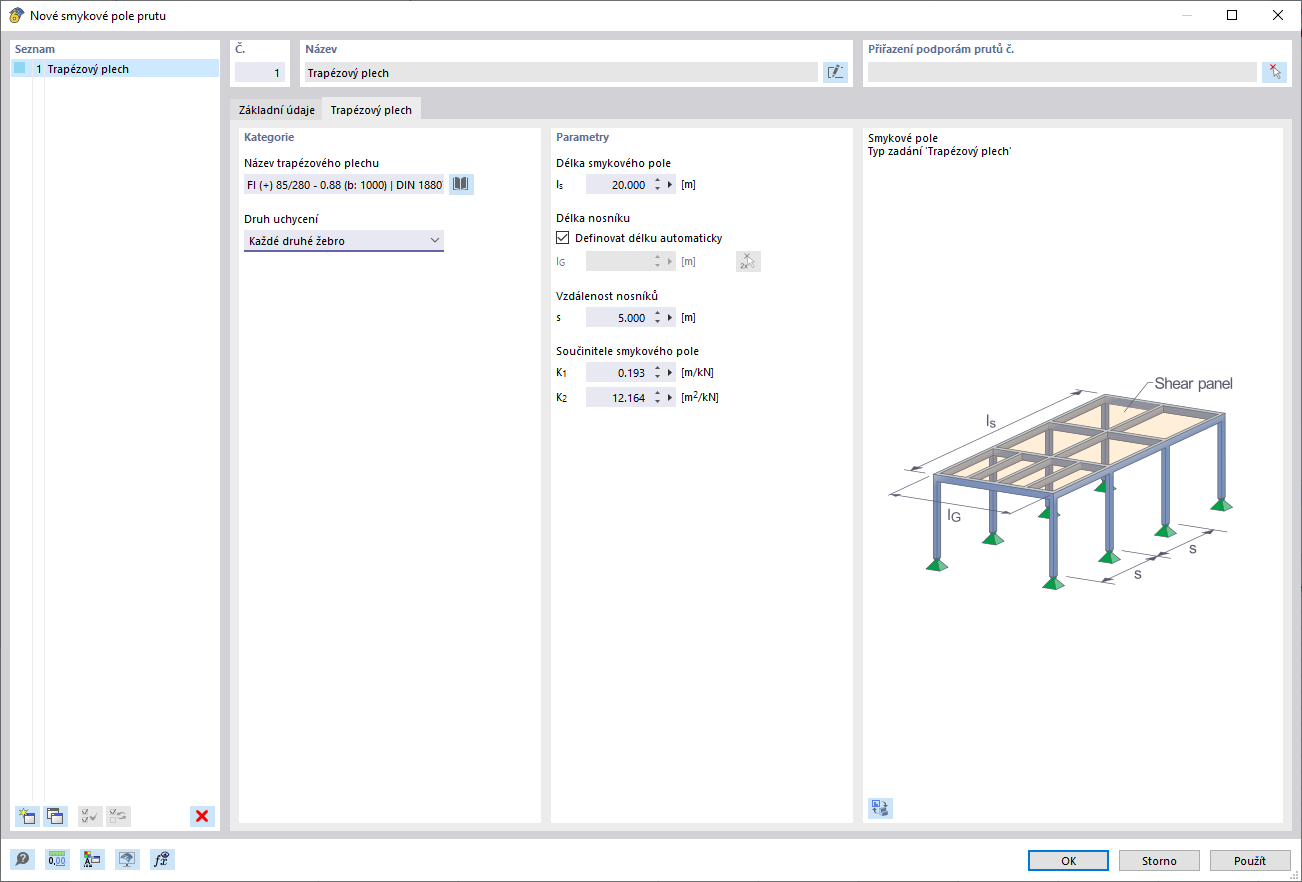 Dialog 'Smykové pole prutu', záložka 'Trapézový plech'