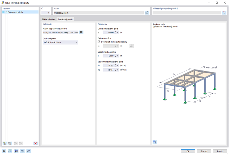 Dialog 'Smykové pole prutu', záložka 'Trapézový plech'