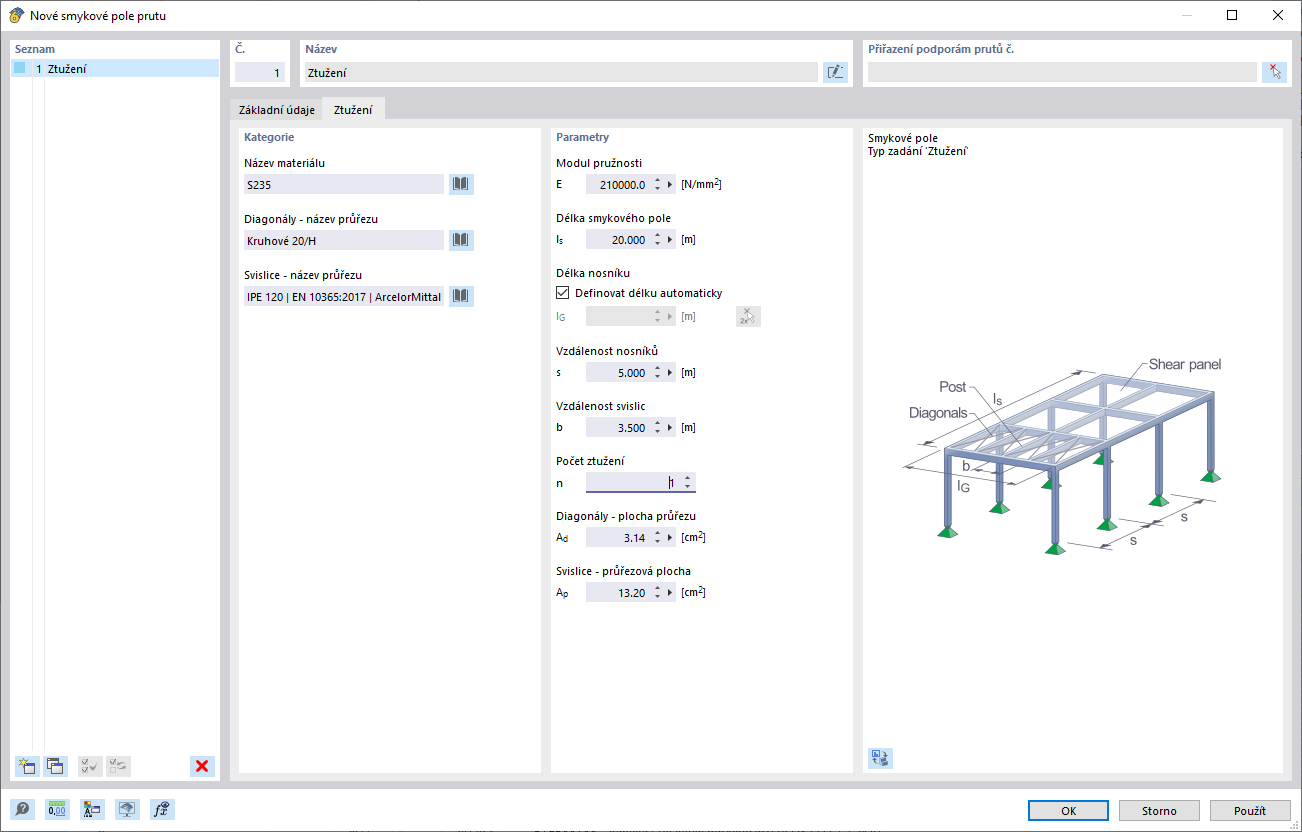 Dialog 'Smykové pole prutu', záložka 'Ztužení'