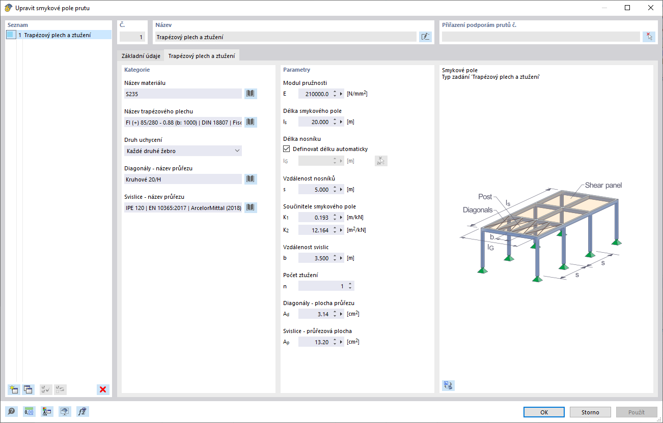 Dialog 'Smykové pole prutu', záložka 'Trapézový plech a ztužení'