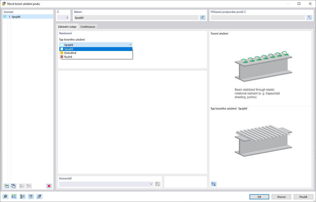 Dialog 'Torzní uložení prutu', záložka 'Základní údaje'