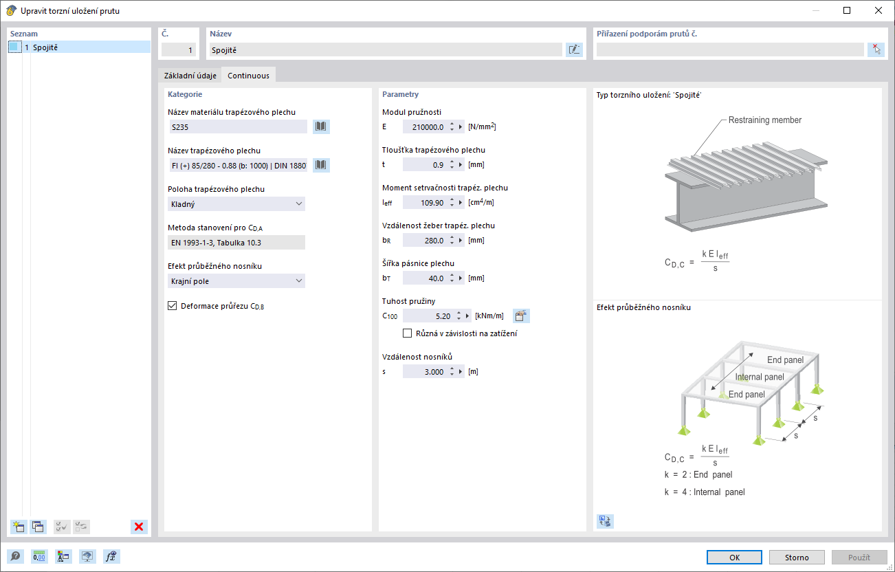 Dialog 'Torzní uložení prutu', záložka 'Kontinuální'