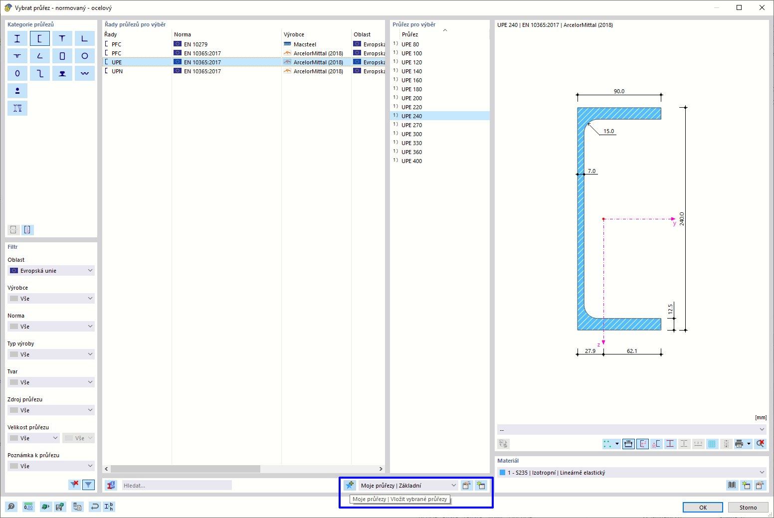 Uložit standardní profil jako preferovaný průřez