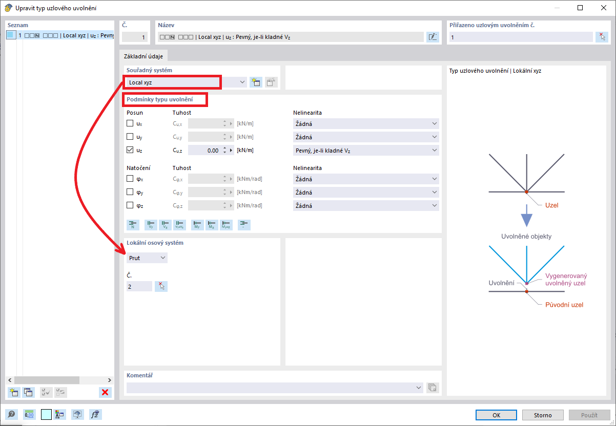 Dialog „Nový typ uzlového uvolnění“