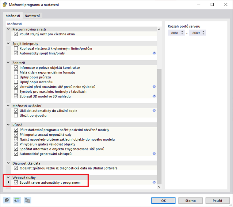 Možnosti programu a nastavení