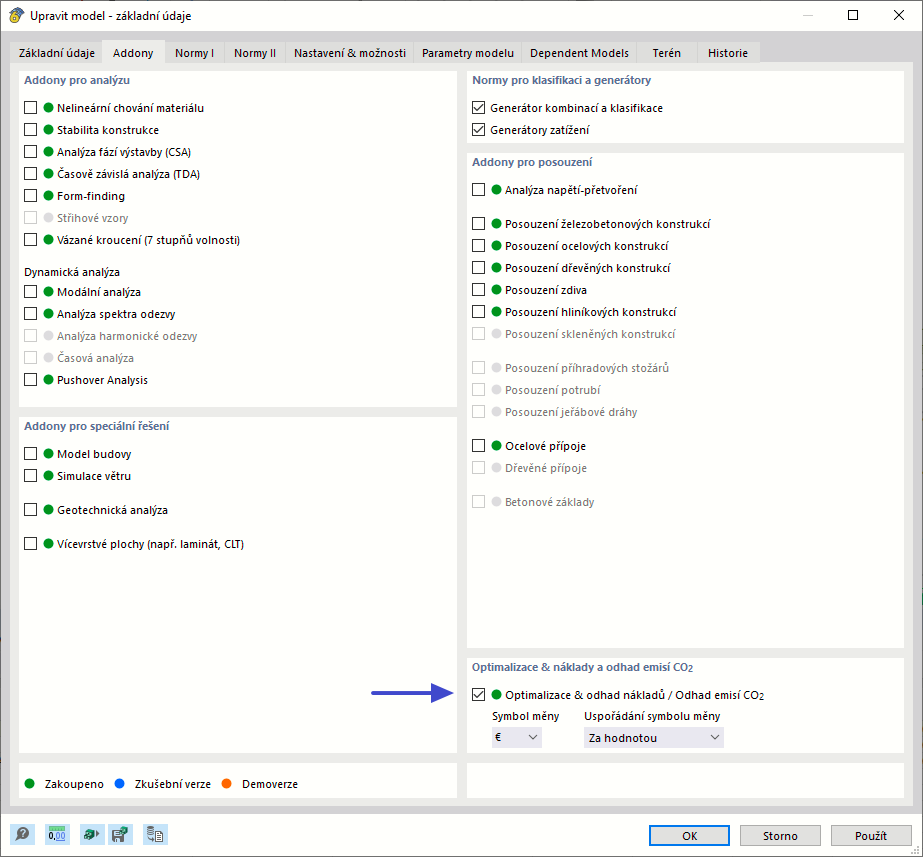 Aktivace addonu „Optimalizace a náklady / Odhad emisí CO₂“