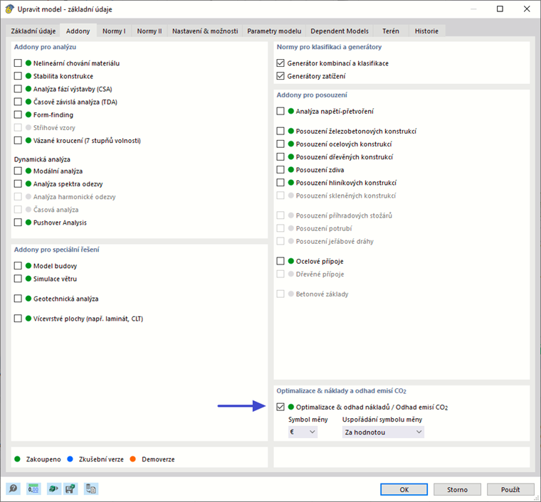 Aktivace addonu „Optimalizace a náklady / Odhad emisí CO₂“