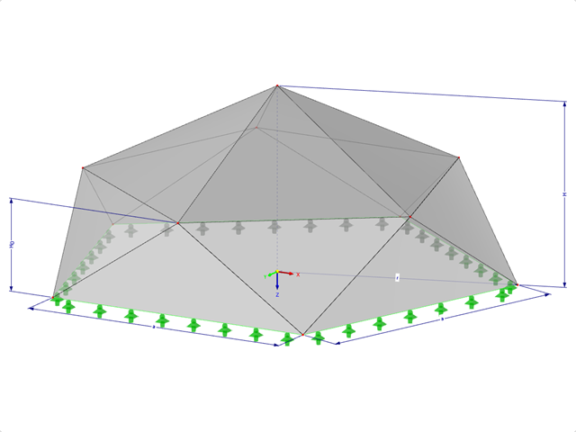 Model 000502 | FPC022-a | Jehlanové skládané konstrukce. Ohýbané trojúhelníkové plochy. Pětiúhelníkový půdorys s parametry