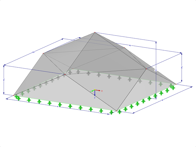 Model 000507 | FPC021 | Jehlanové skládané konstrukce. Ohýbané trojúhelníkové plochy. Obdélníkový půdorys s parametry
