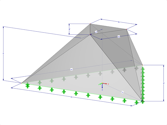 Model 000517 | FPC020-b (obecnější varianta 034-FPC020-a) | Jehlanové skládané konstrukce. Ohýbané trojúhelníkové plochy. Trojúhelníkový půdorys s parametry