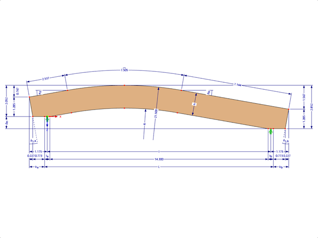 Model 000580 | GLB0407 | Lepený lamelový nosník | Zakřivený | Konstantní výška | Asymetrický | Horizontální konzoly s parametry